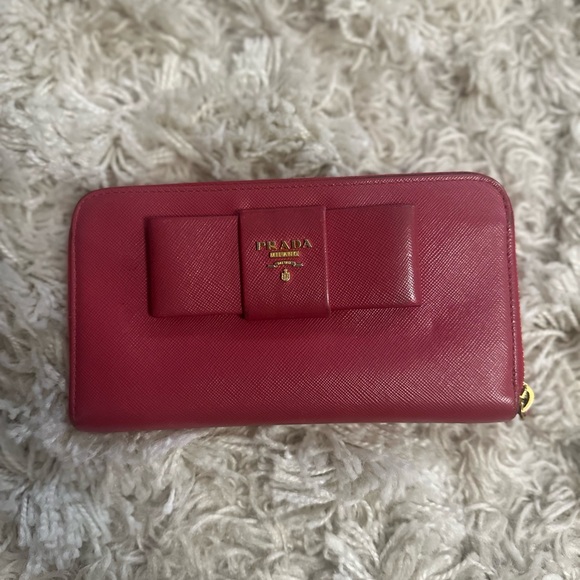 Prada Pink Saffiano Leather Continental Bow Long Zippy Wallet Zip Around Gold - Picture 11 of 11